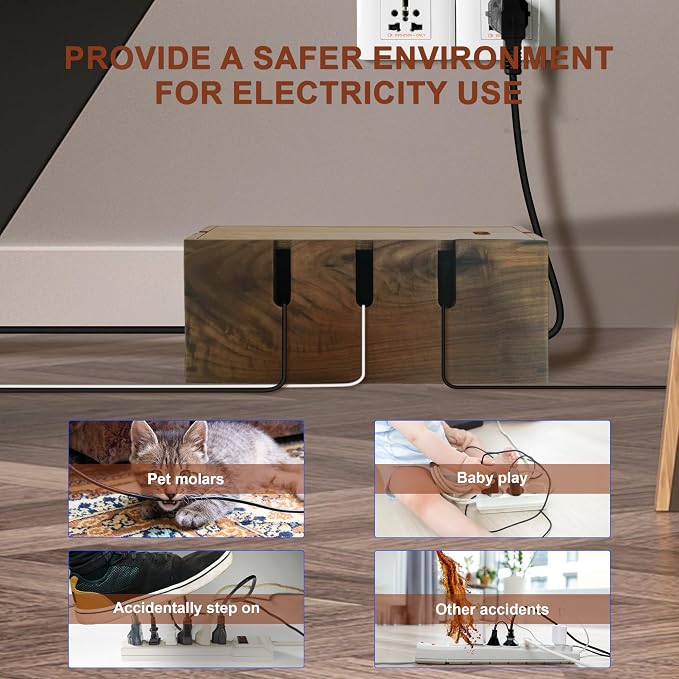 Elitzia Wood Cable Tidy Box Large Desk Cable Management Box Cord Wire Organiser for Hiding Messy Cables Wire Management Natural Walnut Wood Cables Storage Tidy Boxs for Home Salon SPA Office ETCHER02