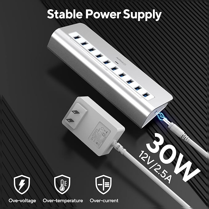 Powered USB Hub 10Gbps, 10 Port USB 3.2 Gen 2 Hub with 10Gbps Data Transfer, 36W(12V/3A) Power Adapter, Type A and Type C Cable, Aluminum USB Data Hub for Mac, PC, Laptop