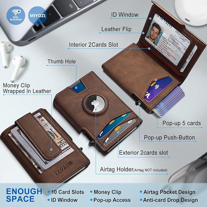 miyozi Airtag Wallet for Men,with Money Clip 10 Cards Metal Case Smart Slim Pop Up Credit Card Holder Flip with Magnetic Closure RFID Blocking wallet with Gift Box