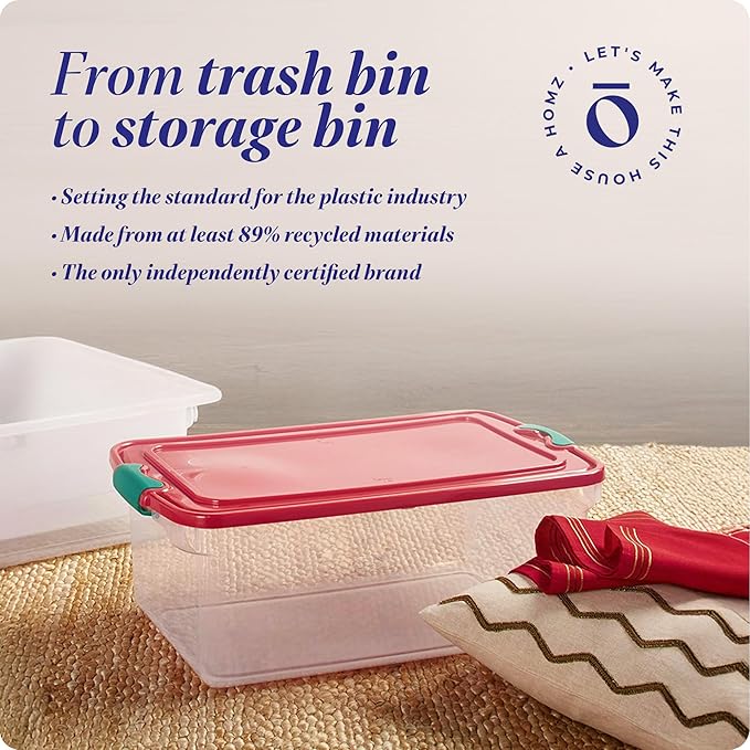 HOMZ 6-Pack Holiday Tote, Plastic Storage Organizer Bins with Lids, 64 Quart, Clear/Red - Stackable Organizing Containers for Home, Garage, and Office