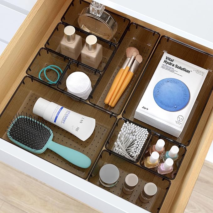 StorMiracle 7 PCS Clear Plastic Drawer Organizers Set, 4 Size Desk Drawer Organizer Trays for Makeup, Jewelry, Kitchen Utensils, Gadgets and Office Accessories, Black