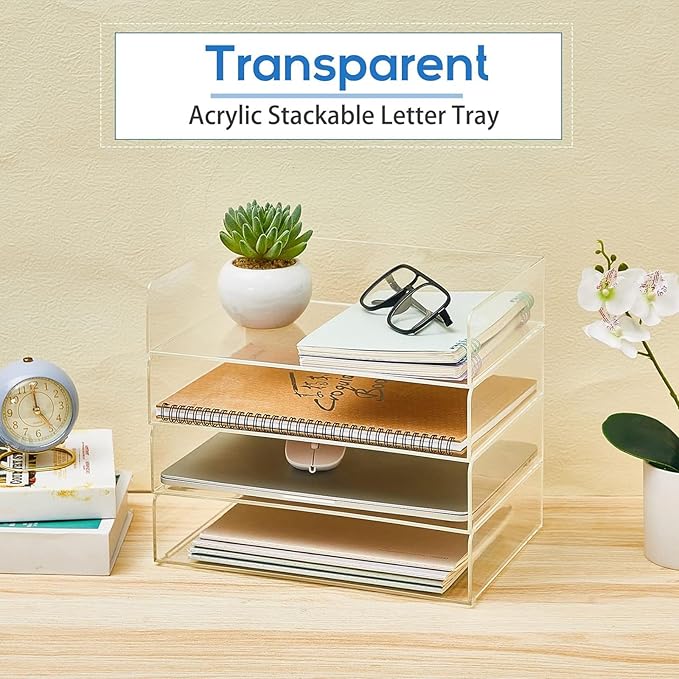 Harloon 4 Tier Paper Organizer Letter Tray Acrylic Desk File Organizer Stackable Documents Letter Clear Paper Holder Sorter Office Tray for A4, Modern Office Classroom Home File Pad Books Notes