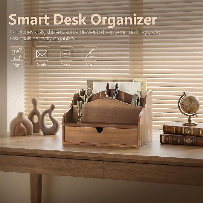Rebee Vision Acacia Wood Mail Organizer for Desk – Farmhouse Countertop Mail Holder with Drawer for Office Accessories –Rustic Desktop Organizer for Home Decor (Acacia Wood)