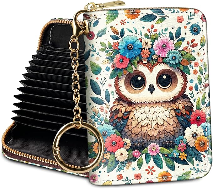 Credit Card Holder RFID Wallet, Small Card Holder Wallet for Women with Keychain Zipper, Funny Leather Print Credit Card Wallets Accordion Gift