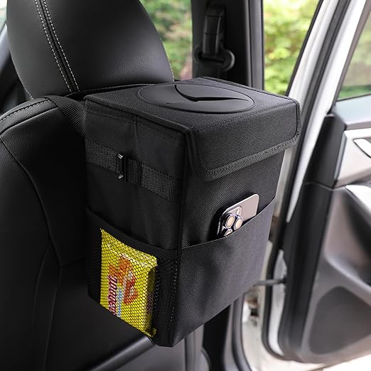 AOKJOY Car Garbage can with lid Leak Proof Vehicle Trash Can 3 Storage Pockets Hanging Waterproof car Trash Bag for SUV Black
