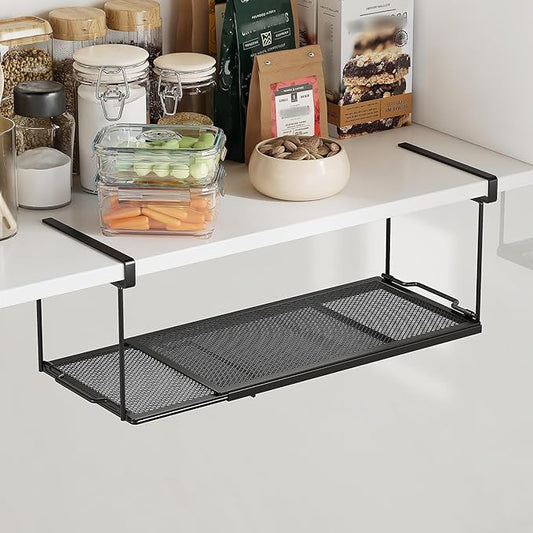 1 Pack Expandable Under Cabinet Shelf, Under Shelf Basket with 0.94 Inches Thick Clips for Kitchen Cupboard, Metal Hanging Under Desk Basket for Laundry Room, Cabinet, Shoe Rack
