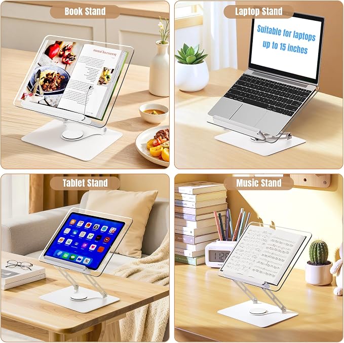 HAUTOCO Adjustable Acrylic Book Stand for Reading, 360° Rotating Base, Foldable Desktop Book Holder with Elastic Page Clips, Hands-Free Cookbook Stand for Laptop, Tablet, Recipe, Textbook, Music Score