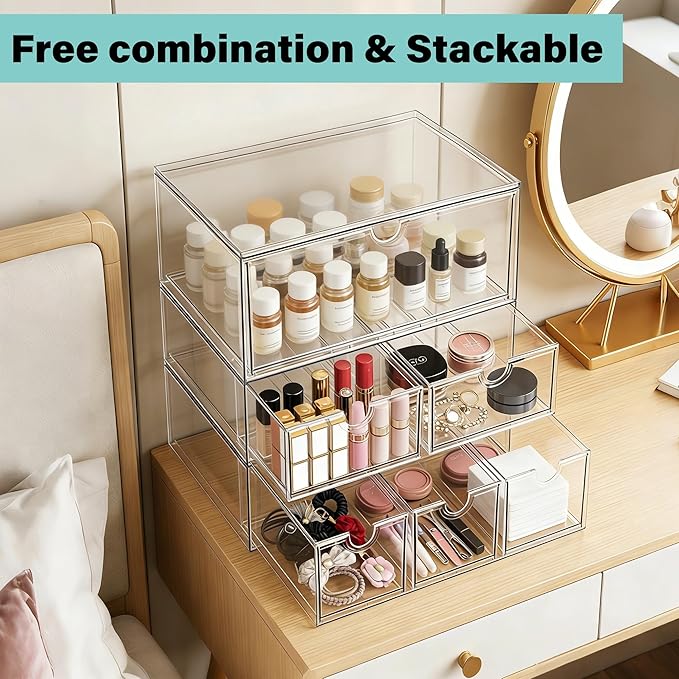 Prsildan Stackable Clear Makeup Organizer, 2 Pack Acrylic Storage Drawers with 4 Drawers for Vanity Bathroom Office Desk Modular Drawer System for Cosmetics Jewelry Toiletries Home Organization