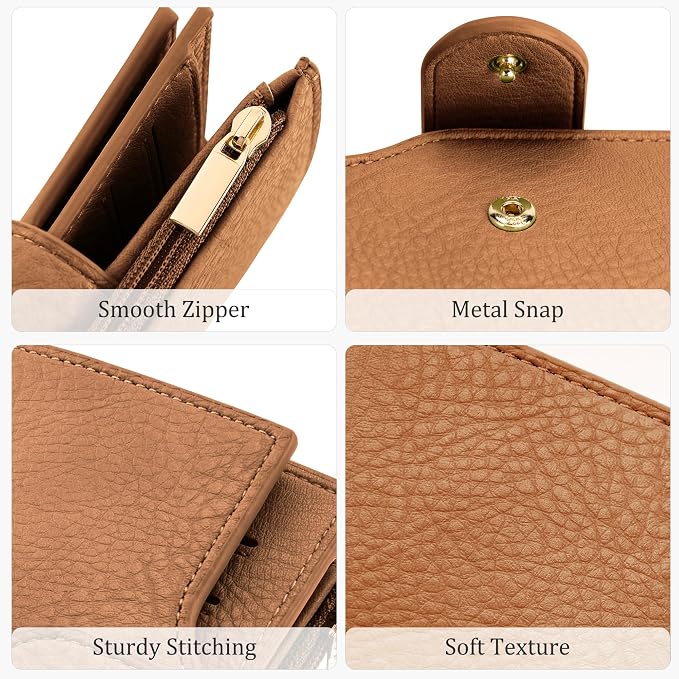 Airkit Small Women's Bifold Wallet, RFID Blocking Credit Card Holder with Zipper, Travel Cute Coin Pocket Wallet for Ladies, Brown
