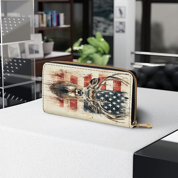Womens Wallet,RFID Blocking Large Capacity Clutch,Zip Around Leather Purse with 8 Card Slots,Bill Compartments Coin Pocket - Vintage Deer American Flag