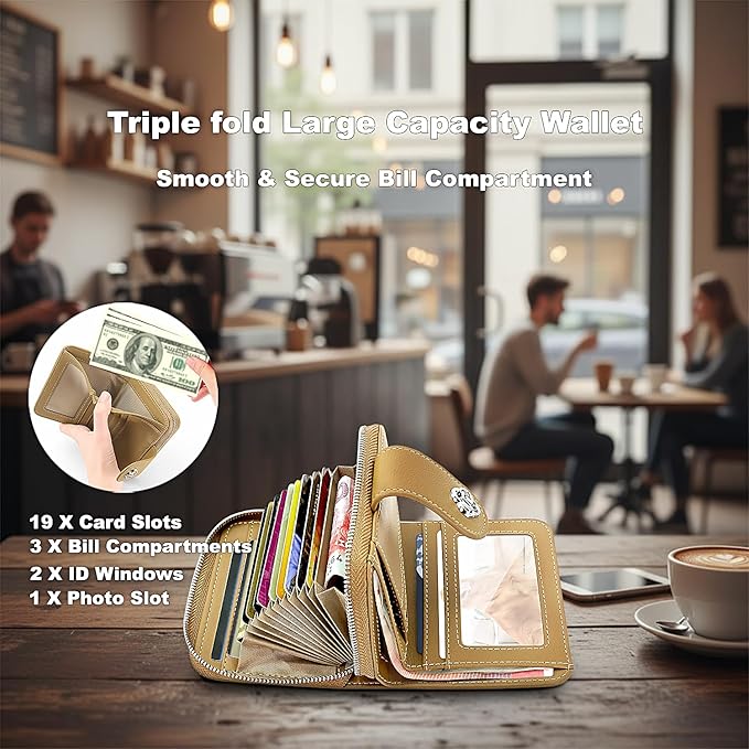 Credit Card Wallets for Women, Leather Cardholder with Zipper Around, Small Rfid Ladies Wallet, Accordion Compact Bifold Purse for Travel, 19 Card Slots, ID Window, Cash Organizer - Apricot