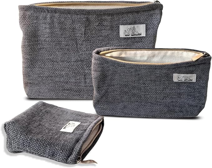 HAPPYHEIDI Gray Velvet Makeup Bag Set 3 with Compartment Cosmetic Toiletry Travel Pouch,Purse Accessory Organizer, 3-Size, Canvas Lined