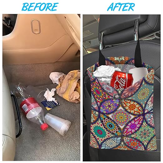 Car Trash Bag Hanging Mandala Flower Car Trash Can Waterproof Garbage Bag Hanging for Car Back Seat