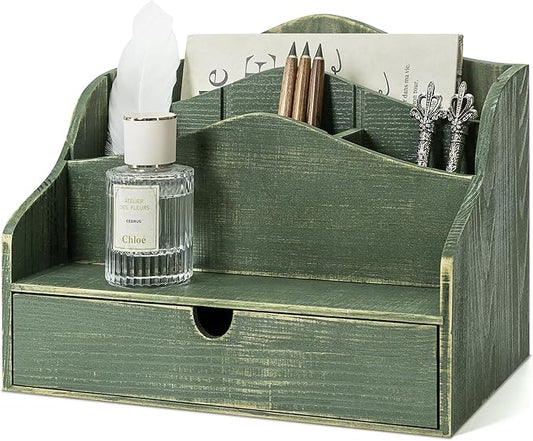 Pine Wood Mail Organizer for Desk - Rustic Style Mail Sorter Countertop Organizer for Files, Letters & Small Items - Farmhouse Letter Holder with Drawer for Office Desk & Home Decor (Green)