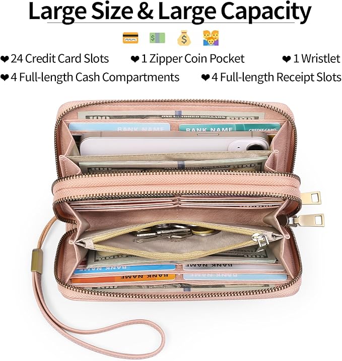 GAEKEAO Wallet for Women Clutch RFID Blocking Wristlet Leather Purse Large Capacity Credit Card Holder with Grip Hand Strap