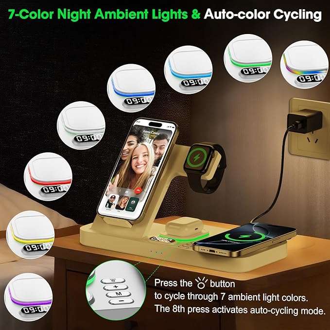 Dual Phone Wireless Charging Station for Apple Devices, Magnetic Charging Station for iPhone with Auto Switch 7-Color Light&Clock, Family Watch Charger for iPhone17 for iWatch11 for AirPods Pro3(White