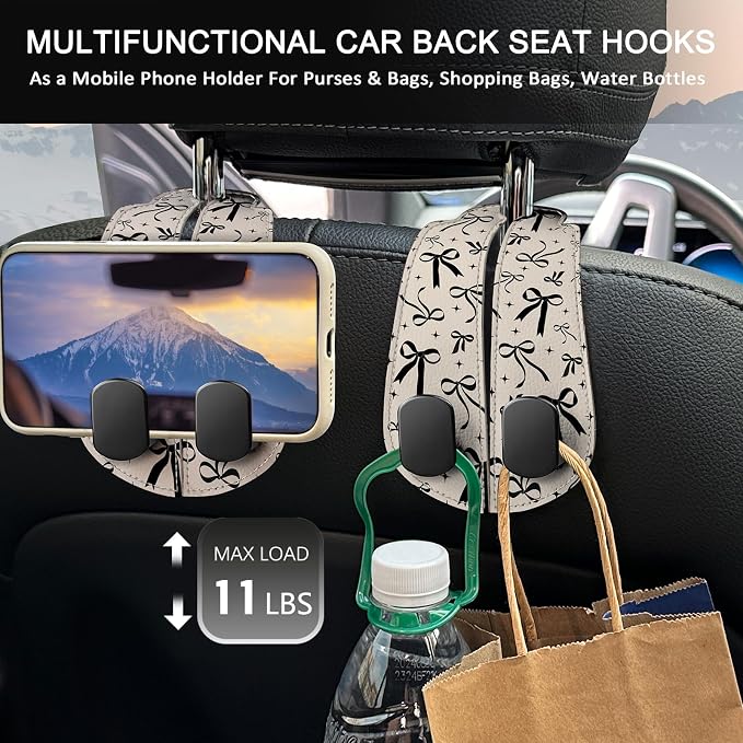 Blusabaca 2PCS Car Hooks for Purses Bags, Cute Black Ribbon Bow Seat Back Storage Headrest Holder Hanger PU Leather Double Metal Backseat Organizer, Women Car Accessories Organization