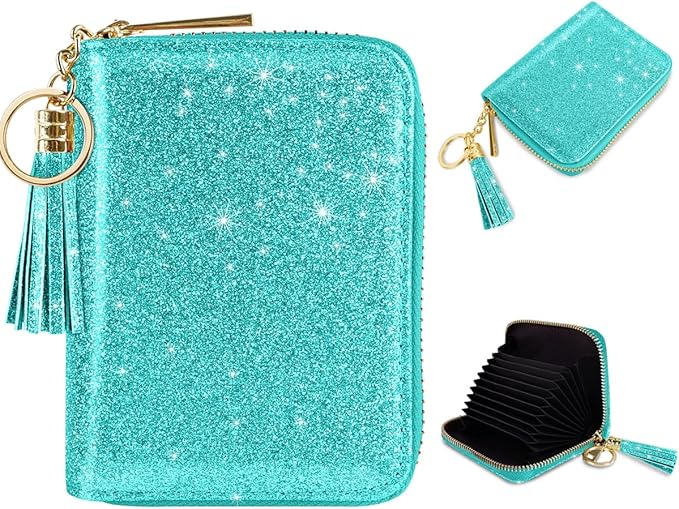 Coco Rossi Women's Small Credit Card Wallet RFID Cute Card Holder for Women with Tassel, Blue Green Glitter