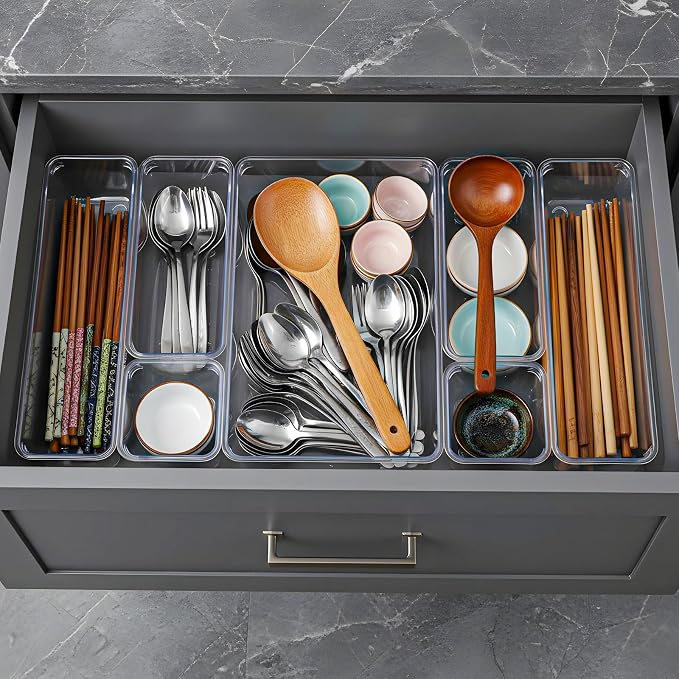 16 Pack Plastic Drawer Organizers Set, 5-Size Kitchen and Office Desk Drawer Organizer Trays, Acrylic Non Slip Storage Bin Divider for Makeup,Jewelry,Gadgets Utensils,Bedroom,Bathroom Vanity,Clear