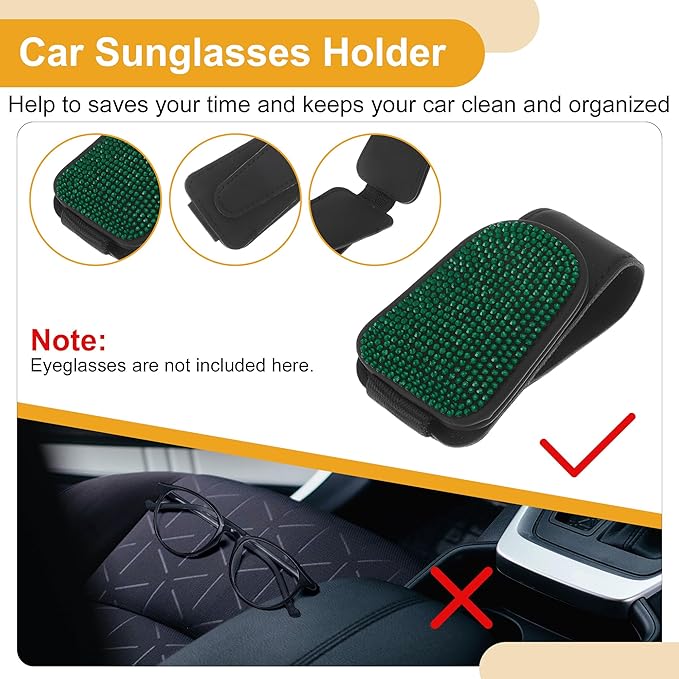 Motoforti Car Sunglasses Clip Magnetic Universal Sun Visor Eyeglasses Holder Clip PU Leather,Rhinestones Green 8.5x5cm 1 Pcs