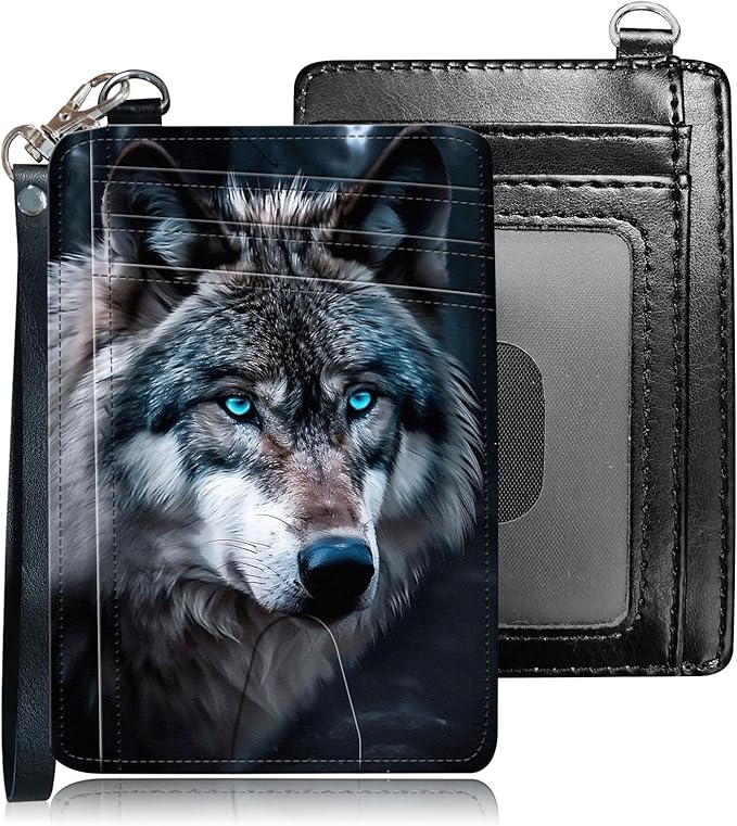 Slim RFID Blocking Card Holder Wallet with Wrist Strap - Minimalist Front Pocket Wallet, Wolf's Gaze Design, PU Leathe, for Men & Women, Ideal for Travel & Gifts