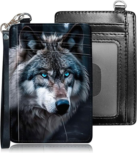 Slim RFID Blocking Card Holder Wallet with Wrist Strap - Minimalist Front Pocket Wallet, Wolf's Gaze Design, PU Leathe, for Men & Women, Ideal for Travel & Gifts