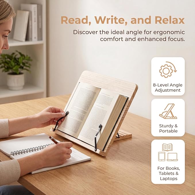 Adjustable Wooden Book Stand 8 Height Levels, Ergonomic Reading Holder for Cookbook Textbook, Foldable Desktop Book Stand with Page Paper Clips, Portable Hands-Free Stand for Kitchen Office