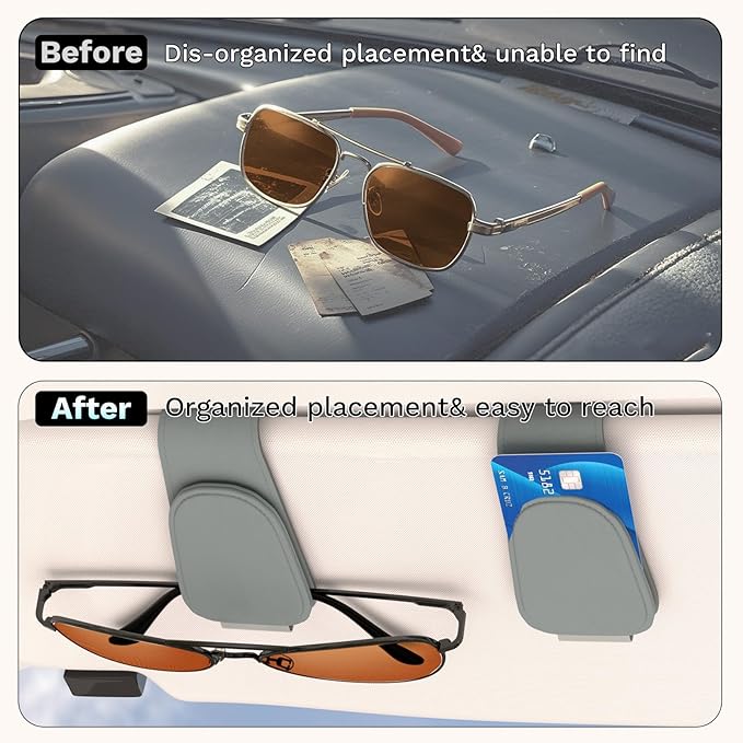 BFXM Sunglass Holder for Car, Sunglasses Holder Eyeglass Hanger Clip Magnetic Leather for Car Visor, Cars Sun Visor Ticket Card Clip