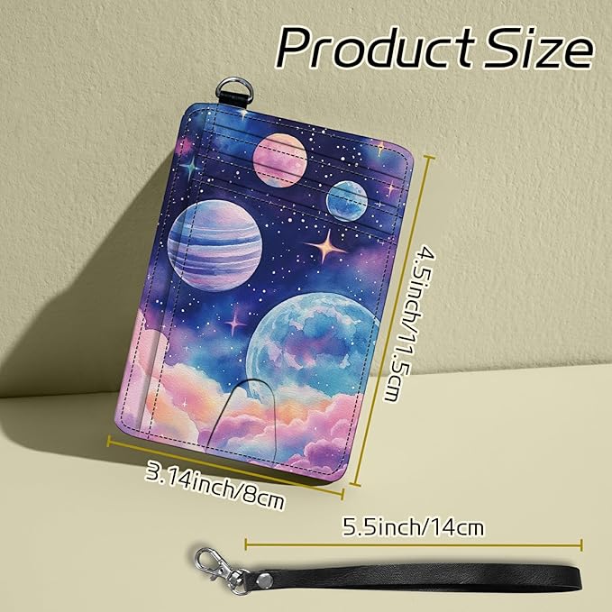 Small Travel Wallets, Pink Starry Planets Slim Minimalist Front Pocket Wallet with Wristlet, RFID Blocking PU Leather Credit Card Holder with ID Window Change Purse for Men Women