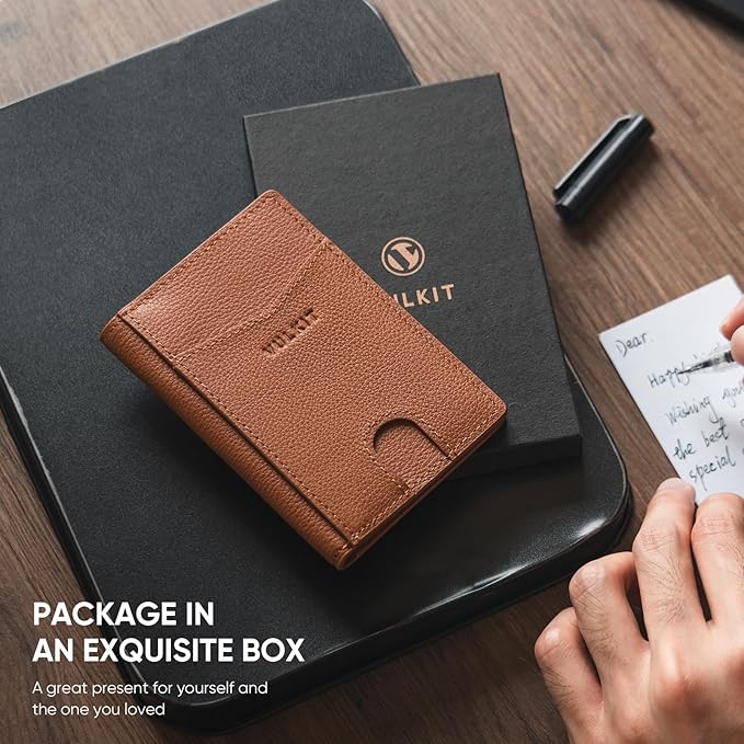 VULKIT Bifold Front Pocket Slim Wallet RFID Blocking Minimalist Thin Genuine Leather Credit Card Holder Wallet for Men and Women Litchi Brown