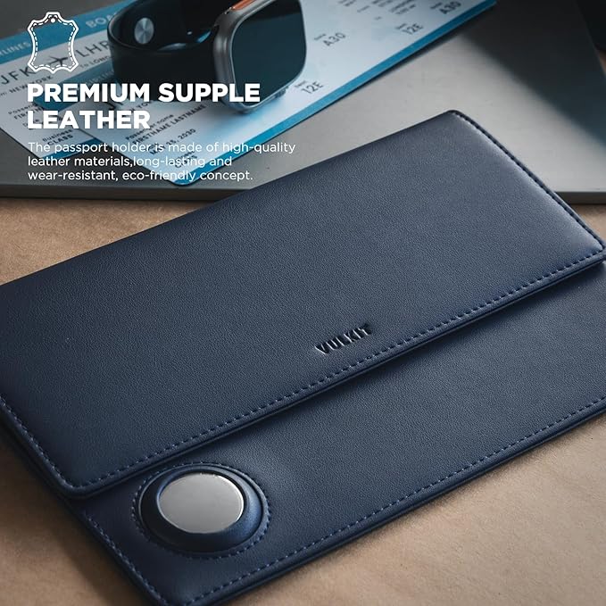 VULKIT Family Passport Holder for 4 Leather Passport Wallet with Airtag Slot Multiple Passport Holder RFID Blocking Bifold Travel Documents Organizer