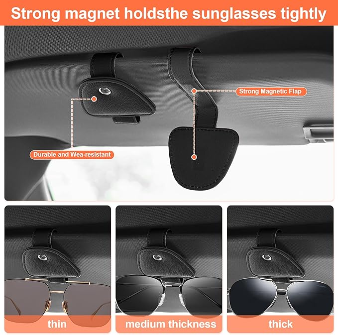 2 Packs Sunglasses Holders for Car Visor - Magnetic Leather Sunglasses Holder and Ticket Card Clip
