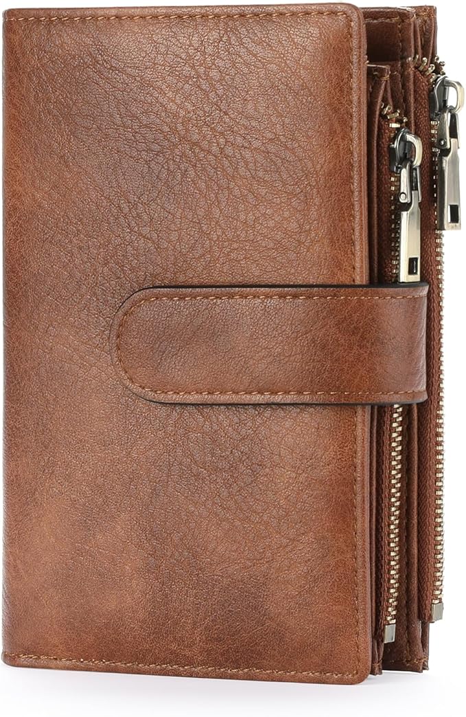 GOIACII Womens Wallets RFID Blocking Leather Trifold Clutch Wallet Credit Card Holder Ladies Purse 3 ID Windows Brown
