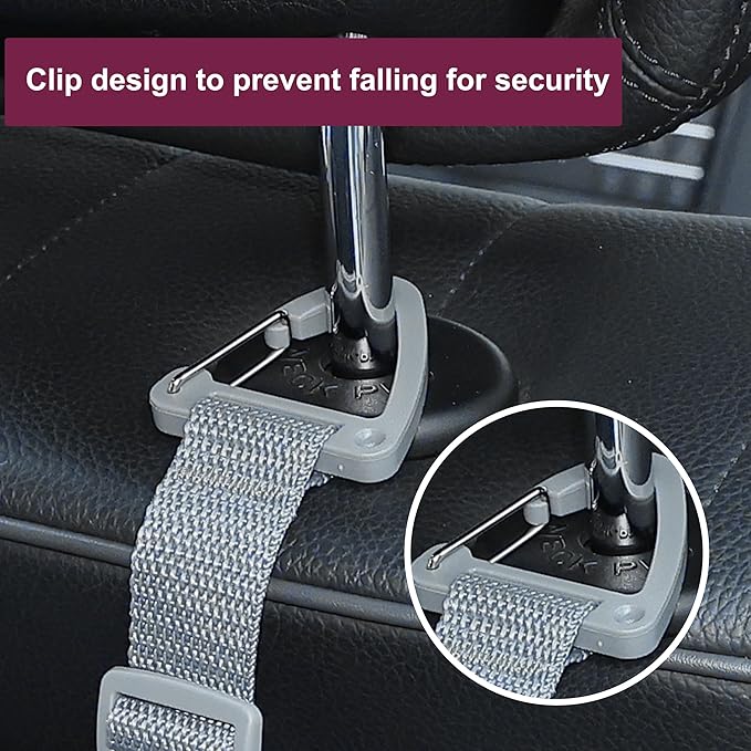 Adjustable 4-Pack Car Headrest Hooks - Universal Seat Back Organizer with Heavy-Duty Clip for Purses, Bags & Groceries Gray
