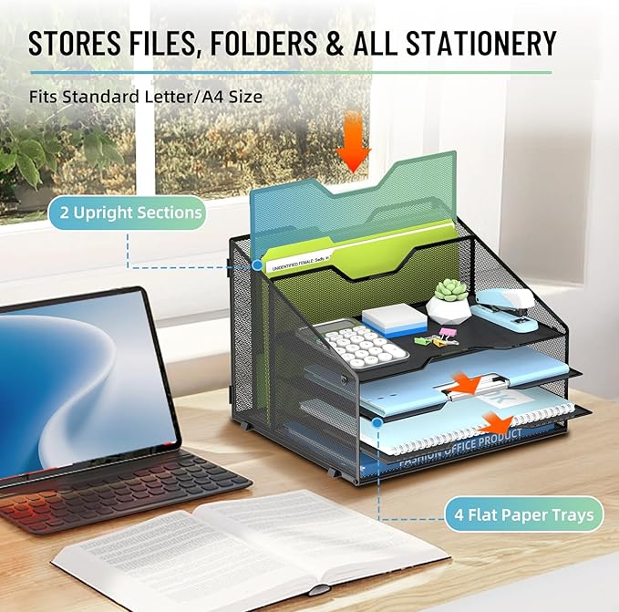 SUPEASY Desk File Organizer, Mesh Paper Tray Organizer with 4 Letter Trays and 2 Vertical File Holders, Desk Organizers and Accessories for Home Office, Black