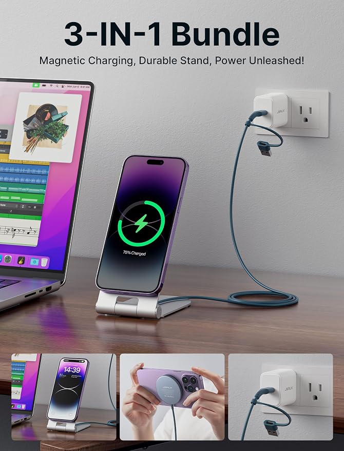 JSAUX Magnetic Wireless Charger Compatible with MagSafe Charger iPhone 16/15/14/13/12 Series, Wireless Mag Safe Charging Pad (Blue) with 20W PD Adapter and Desktop Stand