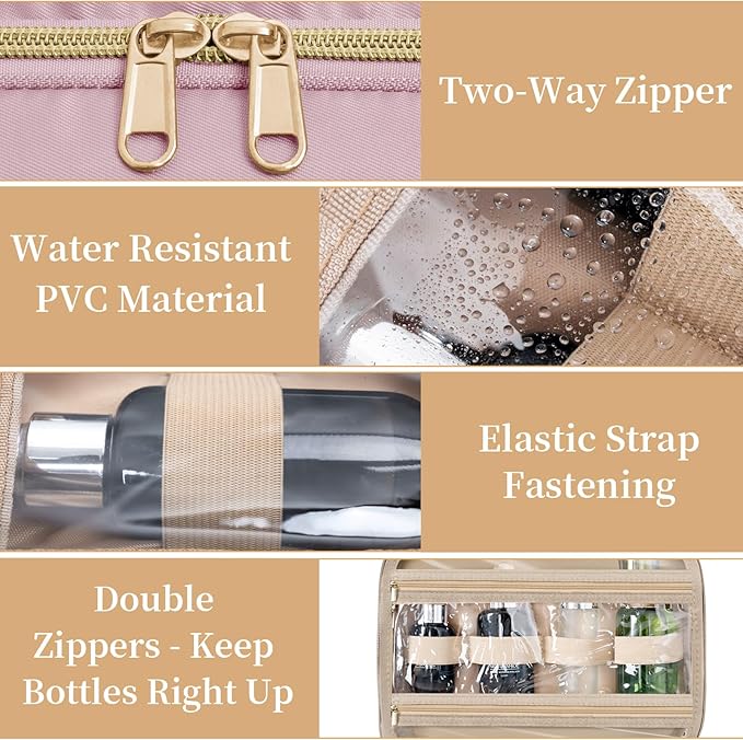 Travel Toiletry Bag for Women & Men Water Resistant Makeup Bag with Hanging Hook Portable Travel Organizer for Travel Accessories, Travel-Sized Shampoo, Toiletries (Large-Pink)
