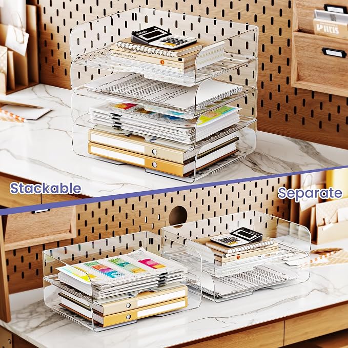 Tomorotec Desk Letter Tray Set, A4 Size Clear PET Stackable Document Organizer Office Desktop File Paper Holder Book Storage Rack Side Load Anti-Skid Stacking Support Convex Bottom (4X Landscape)