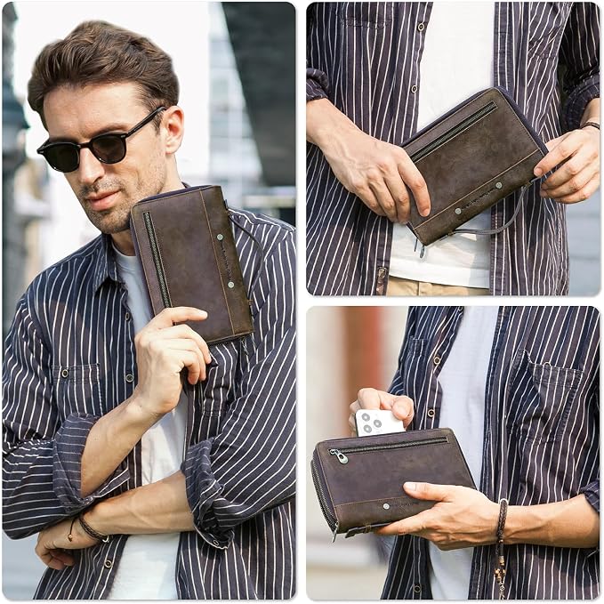 Top Grain Genuine Leather Clutch Wallet Bag with Hand Strap for Man & Woman, Handmade Minimalist Vintage Design, 2 Zip Pockets & Multi Slots, RFID Large Capacity for Cards/Phone/Check/Banknote, Coffee