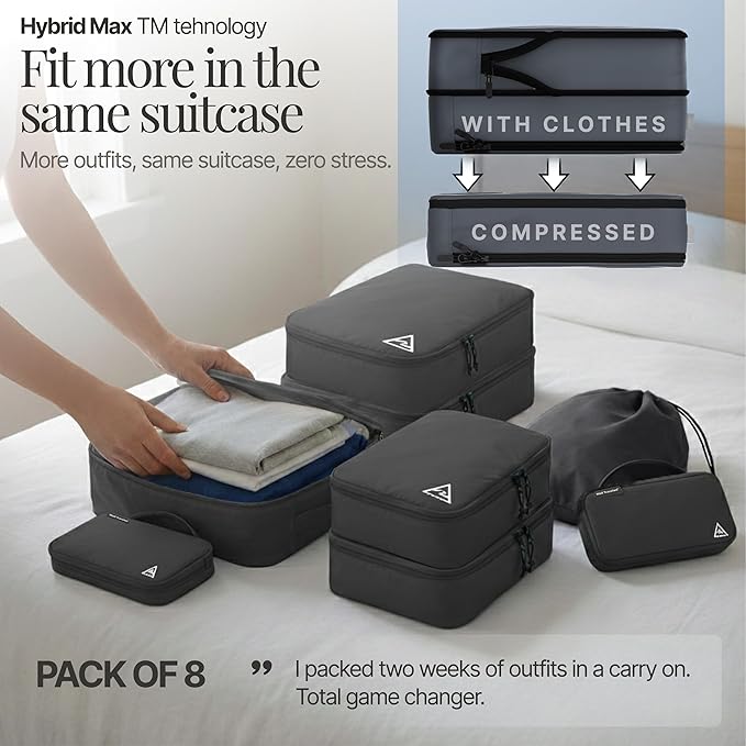 Well Traveled 8 pcs Compression Packing Bags Cubes Set with HybridMax Double-Capacity Design - Packing Cubes for Travel Compression to Maximize Limited Luggage Space, Grey