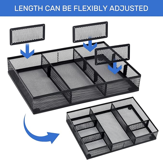 Neudeco Desk Drawer Organizer, 4 Pack Metal Mesh, Black | Adjustable Dividers, Stackable, Pen Organizer, Office Supplies Organizer