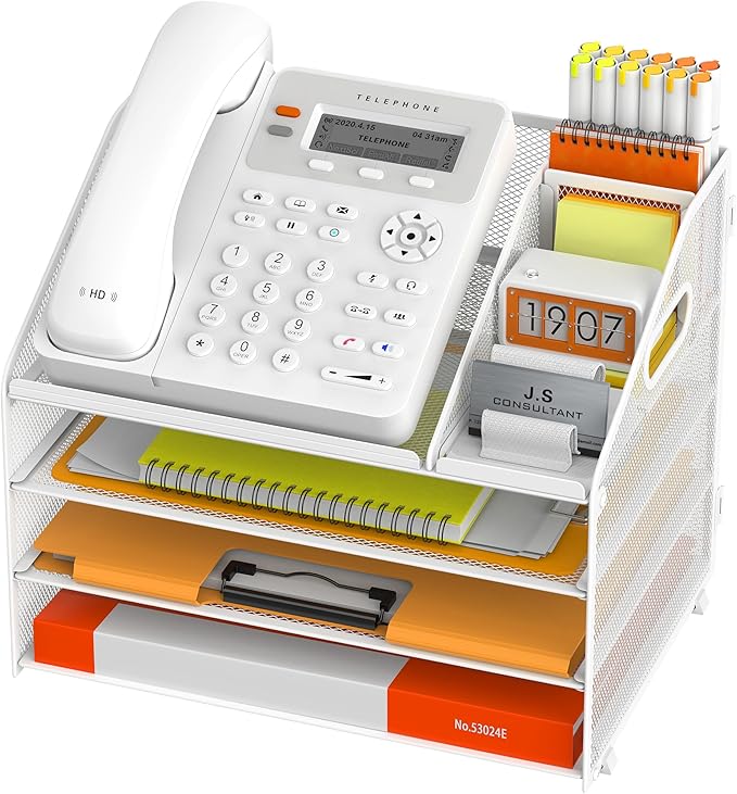 DocNest 4 Tier Metal Mesh Letter Tray - Space Saving Desk File Organizer with Handle, Pen Holder & Folder Holder - Desktop Document Sorter for Office, Home, School, Classroom - White