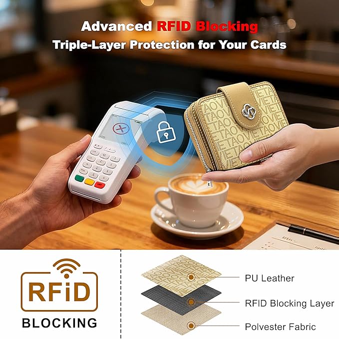 Credit Card Wallets for Women, Leather Cardholder with Zipper Around, Small Rfid Ladies Wallet, Accordion Compact Bifold Purse for Travel, 19 Card Slots, ID Window, Cash Organizer - Apricot