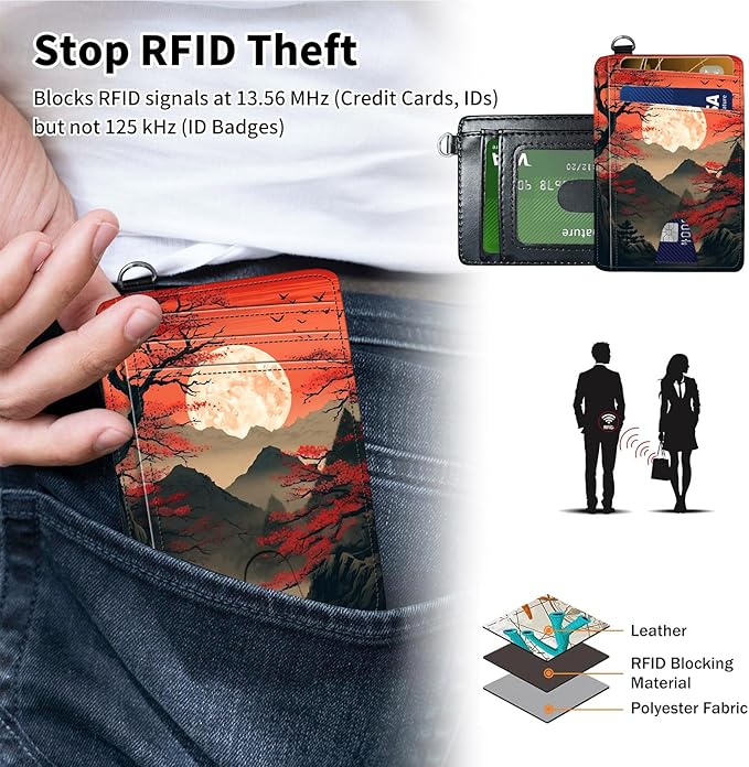 Slim Minimalist Front Pocket Wallet,Credit Card Holder Wallet for Women Men,RFID Blocking Credit Card Holder Case Leather Cute Small Thin Wallet ID Window&Wrist Strap,Red Sunset Tree