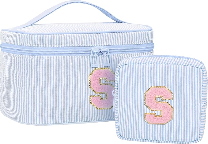 MONSTINA Initial Makeup Bags for Women|Cosmetic Bag for Travel Toiletry - Birthday Gifts for 11 12 13 14 15 16 17 18 Years Old Girls- Graduation Teen Girl Gifts Trendy Stuff Teacher Gift,2PCS,Blue S