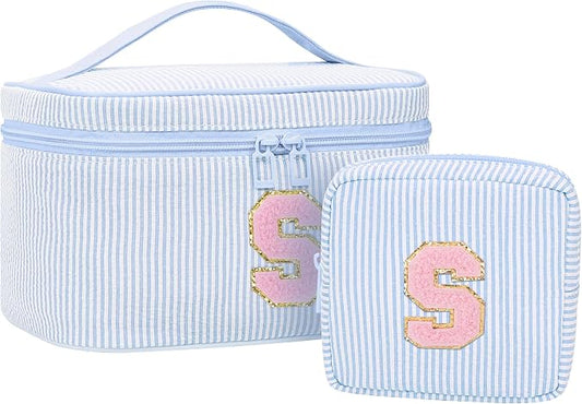 MONSTINA Initial Makeup Bags for Women|Cosmetic Bag for Travel Toiletry - Birthday Gifts for 11 12 13 14 15 16 17 18 Years Old Girls- Graduation Teen Girl Gifts Trendy Stuff Teacher Gift,2PCS,Blue S