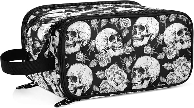 MNSRUU Large Capacity Makeup Bag, Gothic Skulls and Flowers Cosmetic Bag Portable Toiletries Pouch with Compartments Makeup Organizer Case for Travel Women