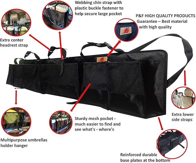 Pf SUVs Rear Trunk Organizer with Umbrella Holder Hanging, X Large - Extra Rigid and Visible, Collapsible Cargo Net, Backseat Storage for Mid-size Crossovers to Mid-size SUVs, Van (51-Inches)