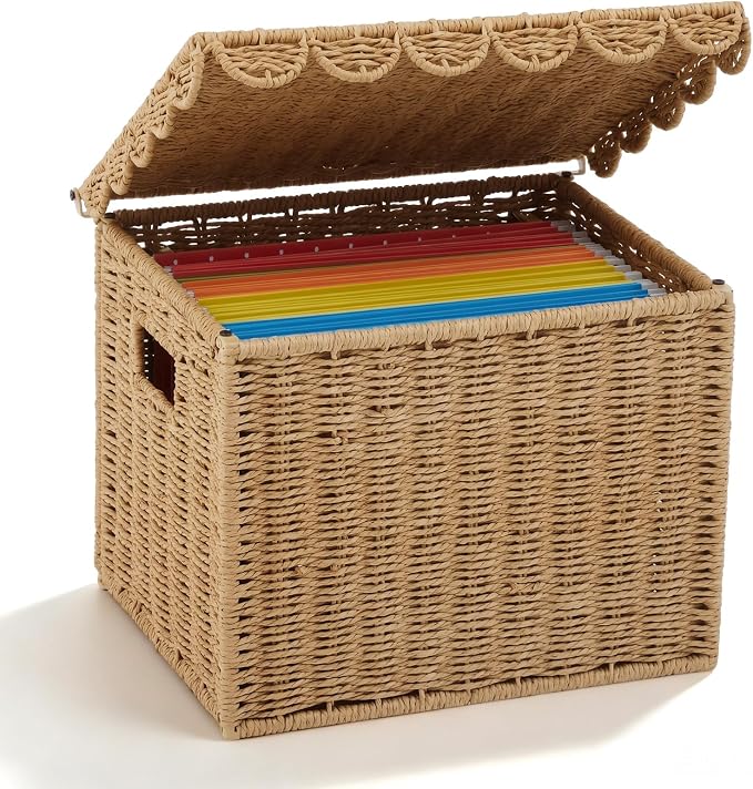 Jingmore Paper Rope File Storage Box with Scalloped Lid Collapsible Letter Size Hanging Filing Organizer Basket for Home Office, Woven Decorative Document Storage Box