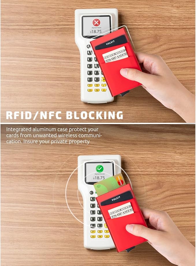 VULKIT Card Holder with Money Pocket Pop Up Wallet RFID Blocking Slim Metal Bank Card Case Holds 5 Cards and Notes
